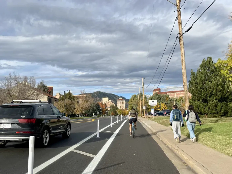 Street with people driving, walking on sidewalk, and biking on bike lane separated by paint buffer and white posts