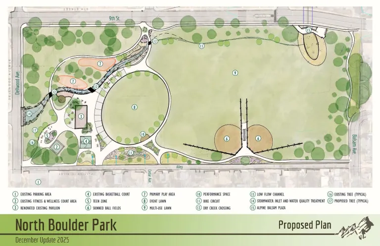 The proposed plan shows stormwater features, play and discovery nodes, little league ballfields, and preserves many of the park’s existing amenities and tree canopy.