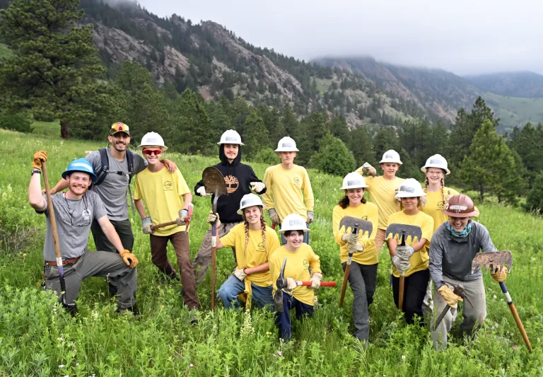 A group of young people wearing yellowing shirts standing in a green field in front of mountains.