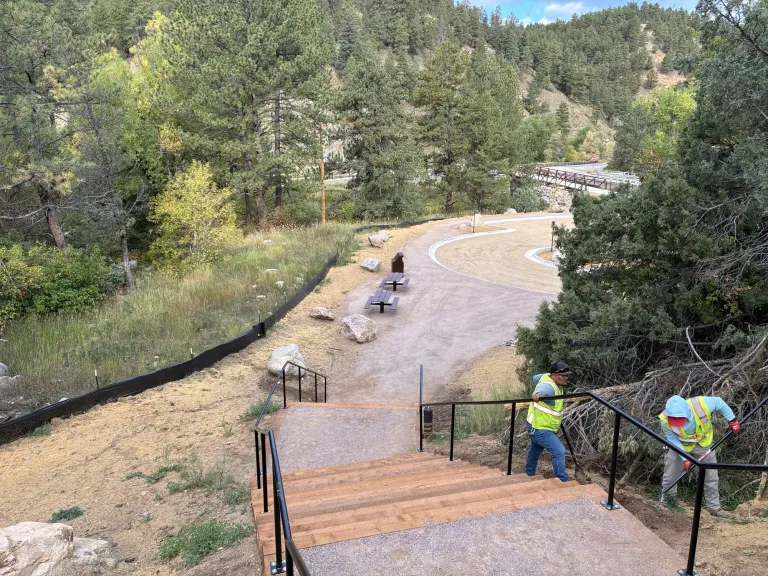 Stairs at a trailhead surrounded by trees