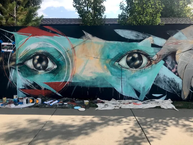 Mural of eyes surrounded by abstract shapes 