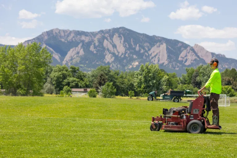 Staff moving park lawn