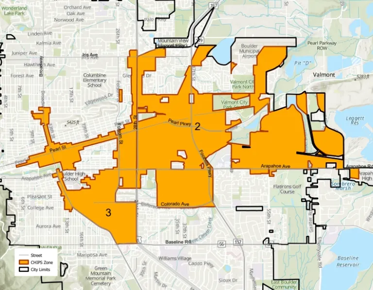 Map highlighting CHIPS Zones in Central and East Boulder