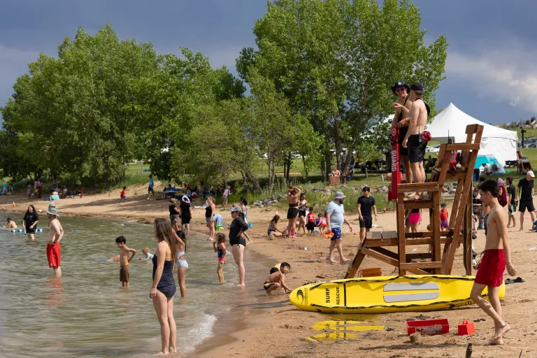 The Boulder Reservoir with staff and people enjoying the water