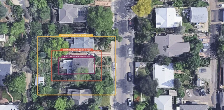 Suburban neighborhood with three concentric defensible space zones overlaid on a single home.