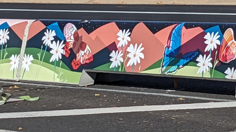 natural landscape design on tall concrete curbs with flowers and mountains