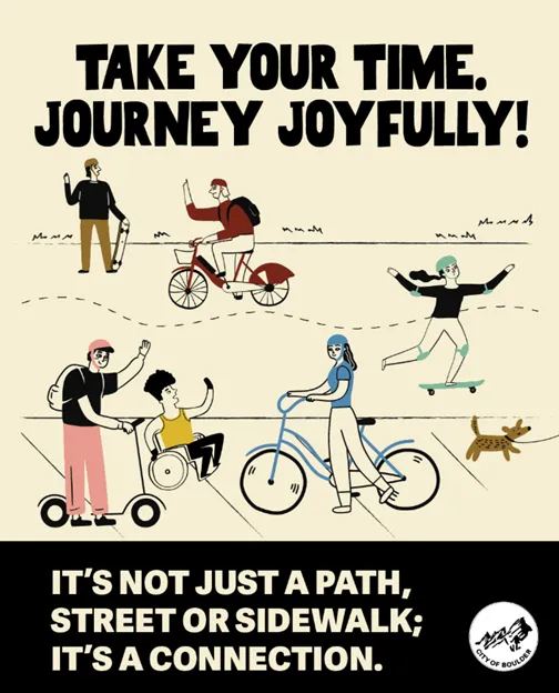 Stylized campaign for Share The Path titled "Take Your Time Journey Joyfully" with wikers, walkers, rollers and pets using a path