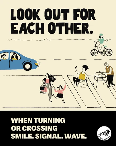 Stylized campaign for Share The Path titled "Look Out For Each Other" with wikers, walkers, rollers and pets using a path