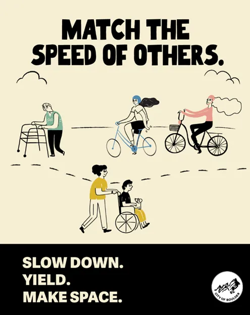 Stylized campaign for Share The Path titled "Match The Speed Of Others" with wikers, walkers, rollers and pets using a path