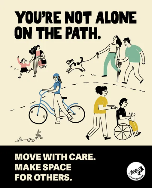 Stylized campaign for Share The Path titled "You're Not Alone On The Path" with wikers, walkers, rollers and pets using a path