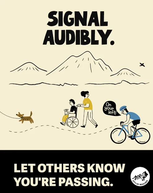 Stylized campaign for Share The Path titled "Signal Audibly" with wikers, walkers, rollers and pets using a path