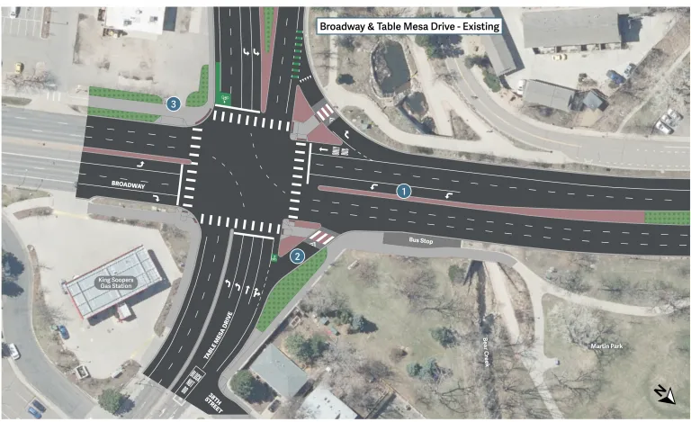 A diagram of the existing intersection layout at Broadway and Table Mesa Drive. Details below on project webpage.