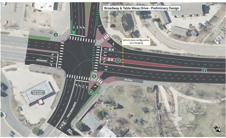 A diagram of the proposed intersection layout at Broadway and Table Mesa Drive. Details proceed image on project webpage.