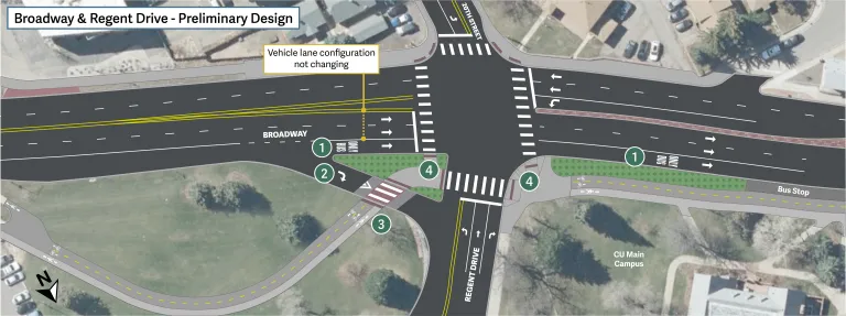 A diagram of the proposed intersection layout at Broadway and Regent Drive. Details below on project webpage.