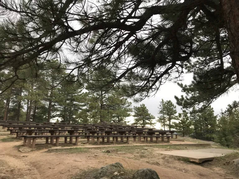 Several rows of picnic tables spread out from a small stage platform with pine trees in the background.