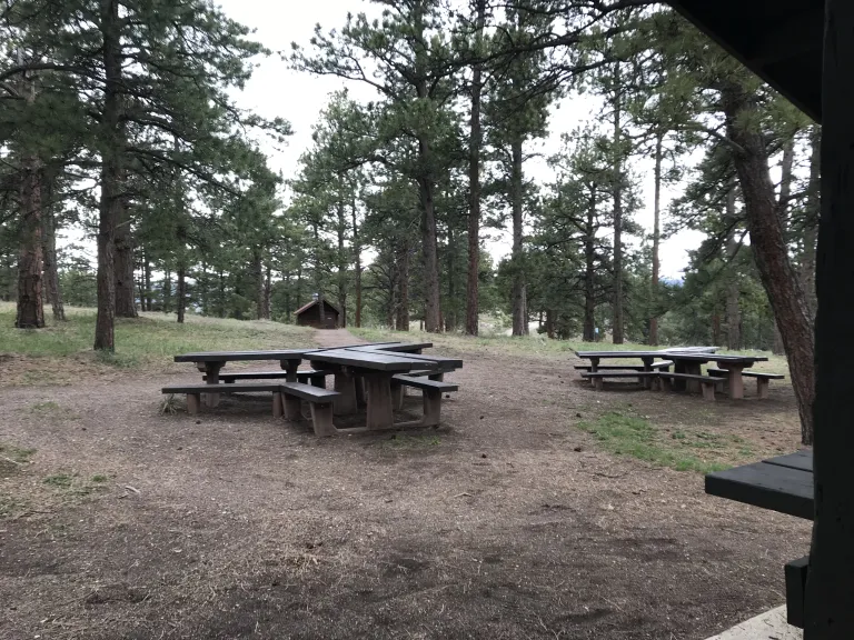 Looking west from inside Wood Shelter, there are two large picnic tables and a path to the restroom.