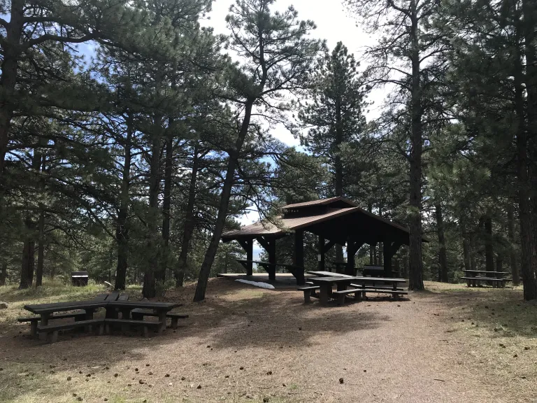 The Wood Shelter, a covered, open-sided shelter with picnic tables.