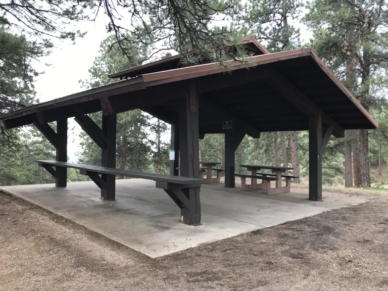 The Wood Shelter with two picnic tables on one side and a counter-height serving table on the other.