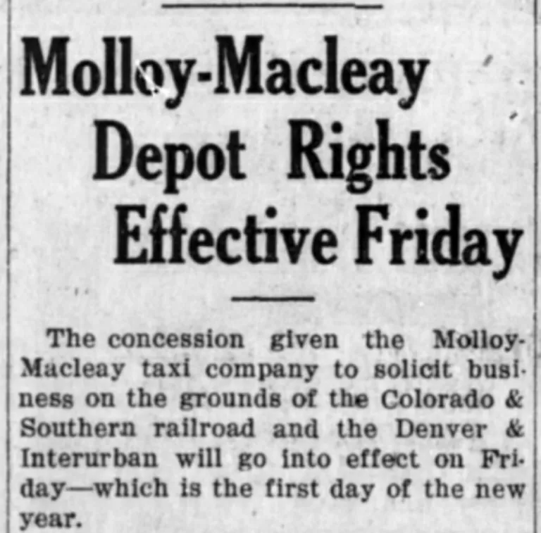 1925 newspaper clipping Molloy-Macleay Depot Rights Effective Friday