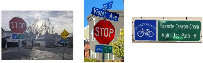Examples of blue and white bikeway signs 