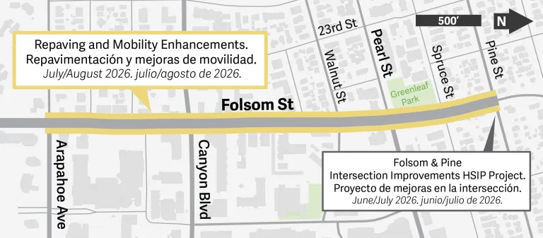 Map of Folsom Street between Pine Street and Arapahoe Avenue showing the extents of the 2026 repaving and mobility enhancements. Long description under Header Web Accessibility.
