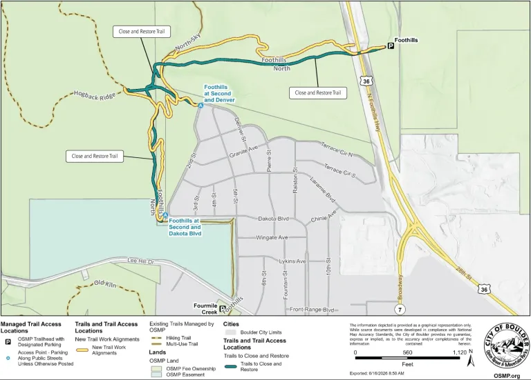 Map showing the existing Foothills North Trail alignment in green, which will be closed and restored once the new trail alignment, shown in yellow, is built. 