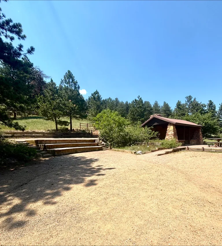 Looking north at the small amphitheater next to the Bluebell Shelter.