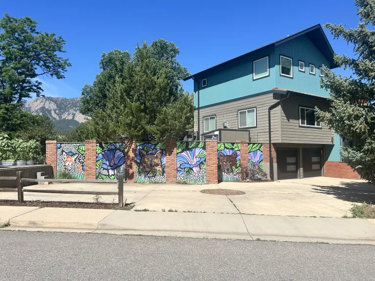 Colorful mural of bears and flowers on a public facing fence