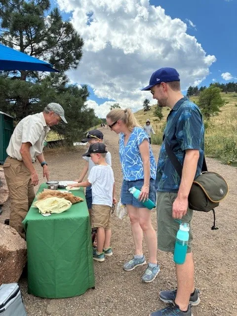 A family with young kids looking at pelts on a table while a person stands on the other side of the table pointing at the pelt.