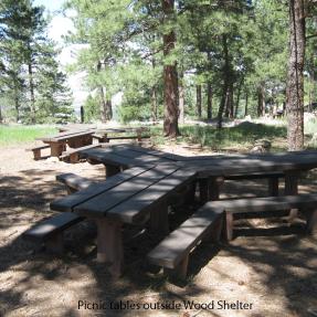 Picnic Tables outside Wood Shelter