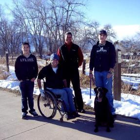 Group hiking with a dog