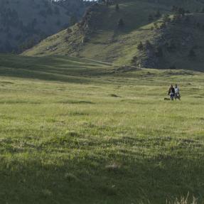 Two women hiking with a dog