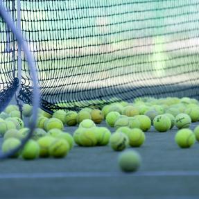 Used tennis balls on a tennis court, net in the background, racquet in the foreground