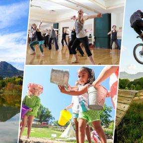 4 pictures showing the flatirons, children playing with buckets, a dance class, and bikers on wooden jumps.