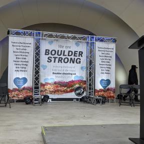 Boulder Strong Banners at the bandshell for the March 22 Communitywide Day of Remembrance 