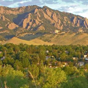 View of Boulder Flatirons with neighborhood in the foreground