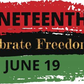 Text "Juneteenth Celebrate Freedom June 19" over red, black and green horizontal stripes