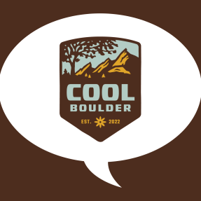 Cool Boulder logo place inside a white speech bubble surrounded by a brown background