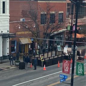 Outdoor dining MODSTREET structure being installed at 16th and Pearl streets