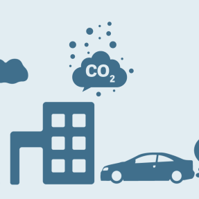 Buildings and car releasing carbon dioxide emissions graphic