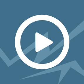 White video player icon over blue background with flatirons graphic