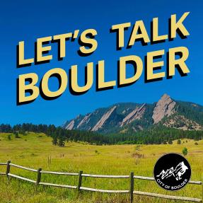 Let's Talk Boulder podcast logo with Flatirons in the distance 