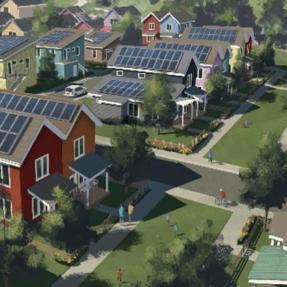 Computer generated image of a neighborhood of modular homes with solar panels on each roof