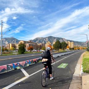 A person biking on the Baseline Road bike lane next to tall curbs with mural art