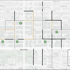 Map indicating blocks downtown with increased on-street parking prices in January 2024.