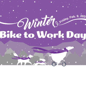 purple sky with snow falling on bear, fox and rabbit graphic that says winter bike to work day February 9, 2024