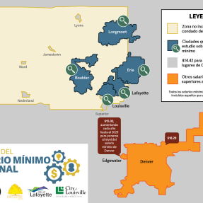 Mapa del salario mínimo en 2024 en la zona metropolitana de Boulder-Denver