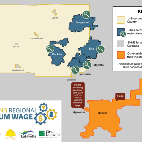 A map with the title "Exploring Regional Minimum Wage" that includes the city or town logos for Longmont, Boulder, Erie, Lafayette, and Louisville. The map summarizes the current minimum wages in communities across Colorado as of 2024. The Cities of Longmont, Lafayette, Louisville, and Boulder, and the Town of Erie are highlighted in blue to signify that they are the cities partnering to explore a higher regional minimum wage. The map highlights unincorporated Boulder County in yellow.