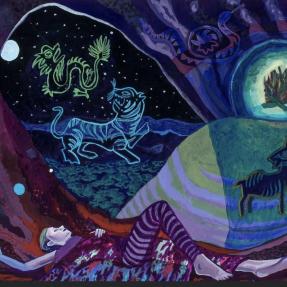 Night time scene with a person laying inside a cave and animal motifs in the background