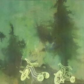 Faded nature scene with kids bicycles outlined 